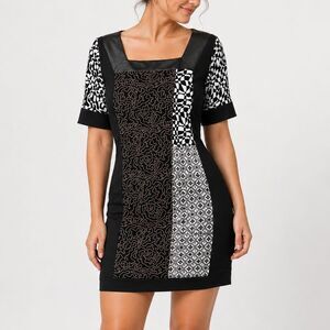 Alfani Woman 1X Black Patchwork Banded Dress Faux Leather Trim Geometric